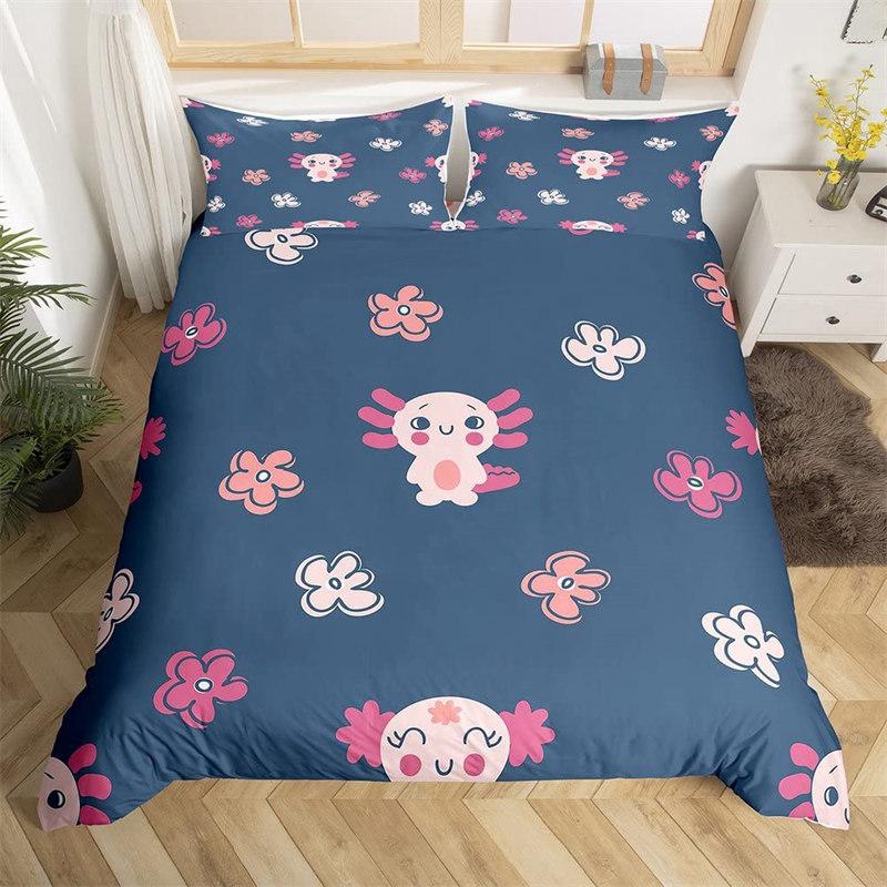 Kawaii Axolotl Duvet Cover Twin Size Underwater World Cartoon Bedding Set For Kids Boys Girls