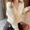 New Spring and Autumn Small Fresh Design Neck Knitted Women's Cardigan Short Green Flower Sweater Top