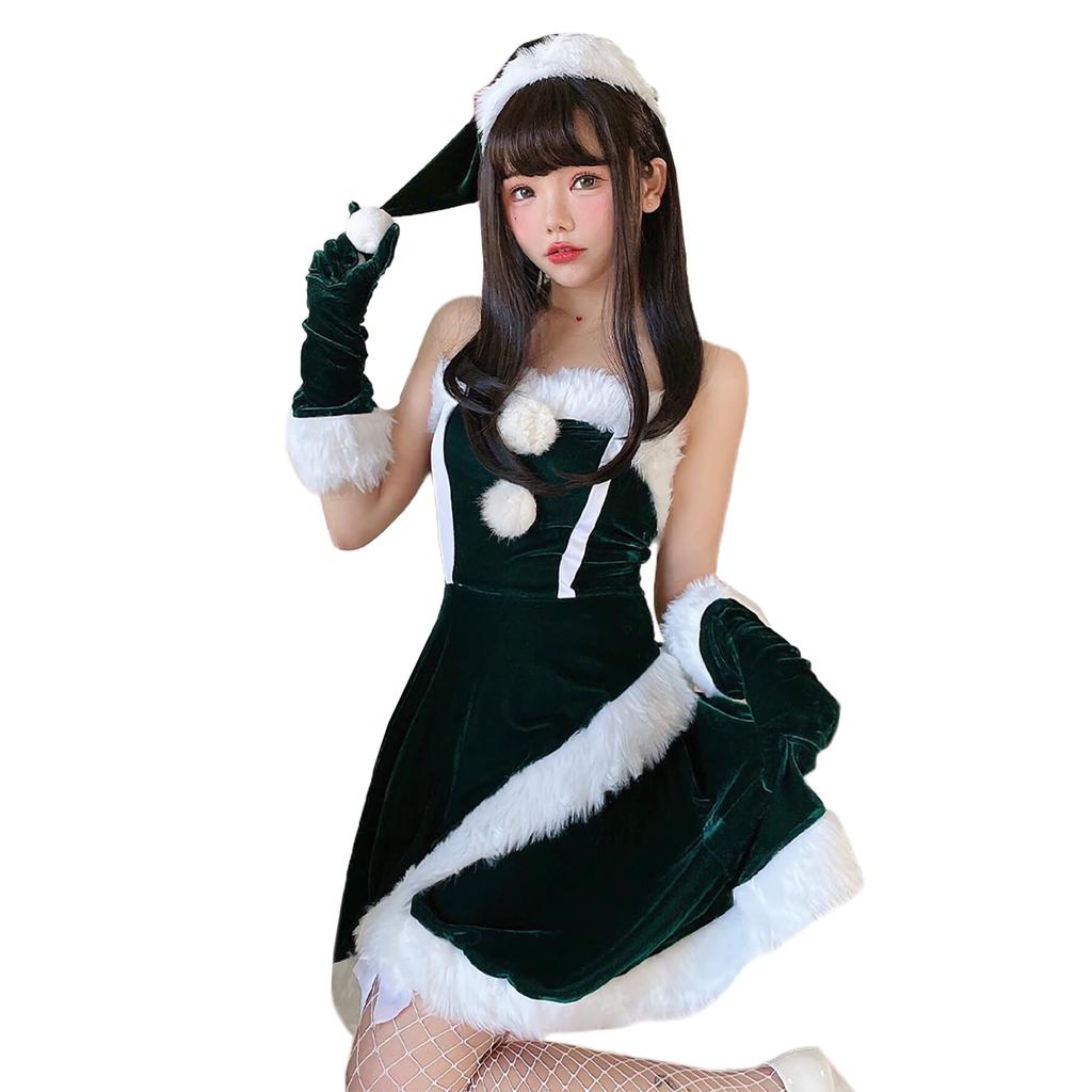 Milky Time Christmas Santa Cosplay Red and Asymmetrical Women's Dress, Green, (Green)