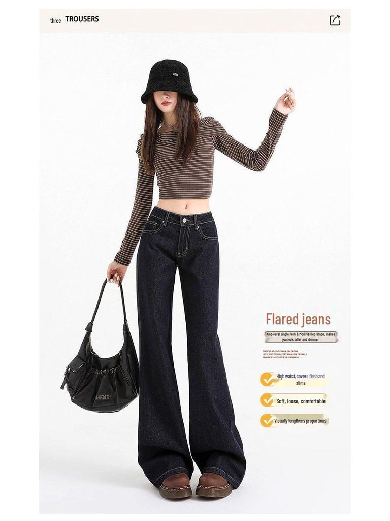 Women's Retro Low-Waist Deep Gray Blue Bell Bottom Jeans - Autumn/Winter Casual Slimming Narrow Leg Design
