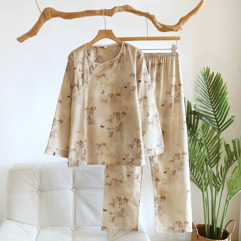Nuovo Set Pigiama da Donna Primavera e Autunno 2026, Nuovo Stile Cinese Puro Cotone Popeline Manica Lunga Abbigliamento da Casa Set Due Pezzi
