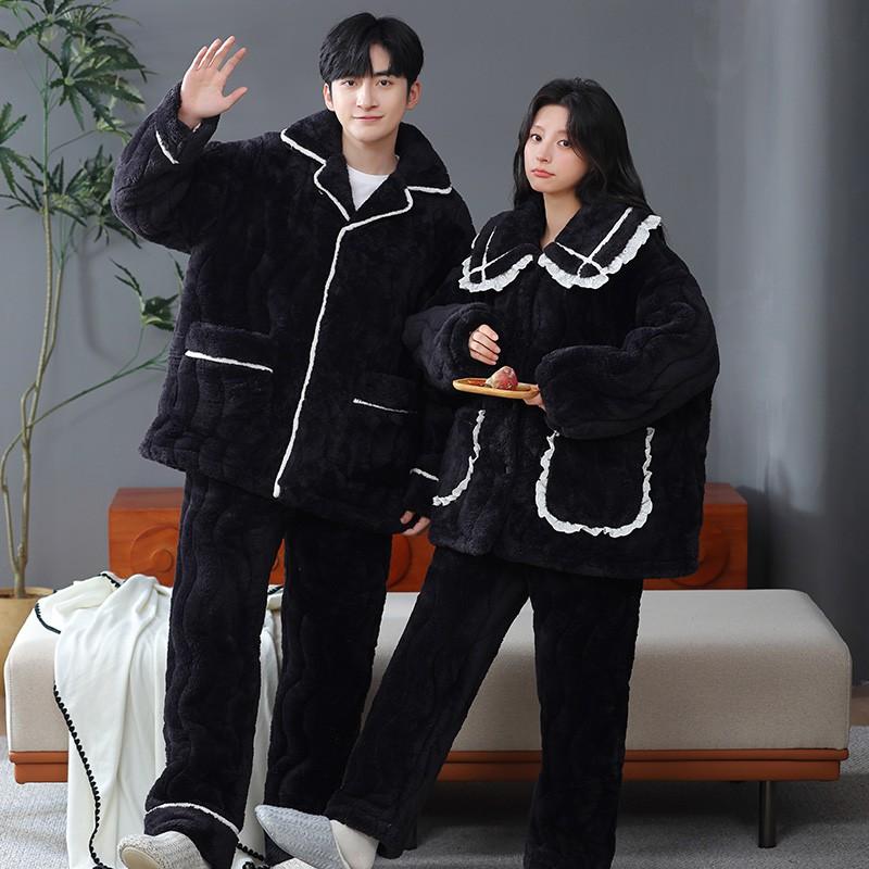 Couple Coral Fleece Quilted Pajamas Set Thick Warm Winter Loungewear Men Women