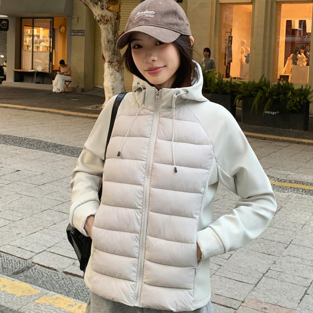 Light and Thin Ribs Cotton Clothes for Women's New Jackets, Age-reducing, Slim-fitting, Versatile Hooded Short Splicing Cotton-padded Clothes F