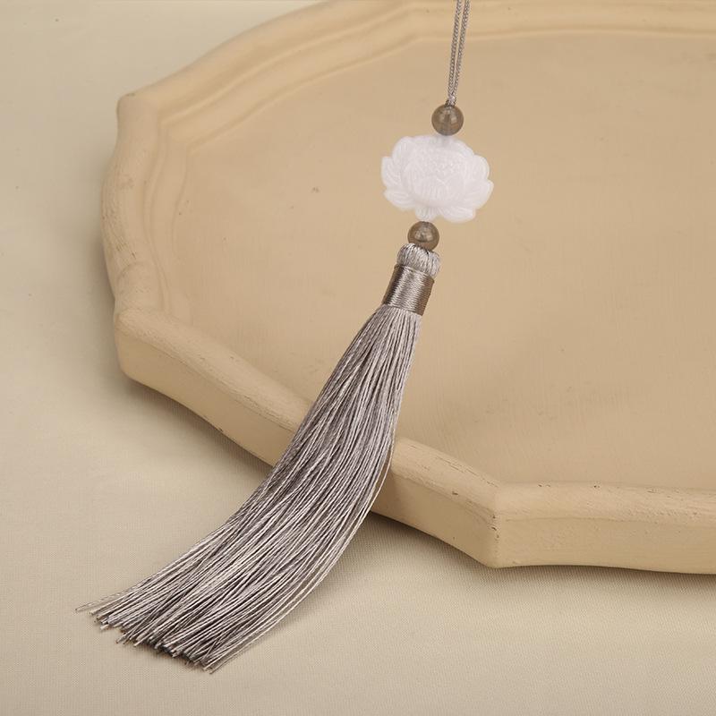 Double-Sided White Jade Lotus Tassel Fan Pendant - Antique Decoration Accessory
