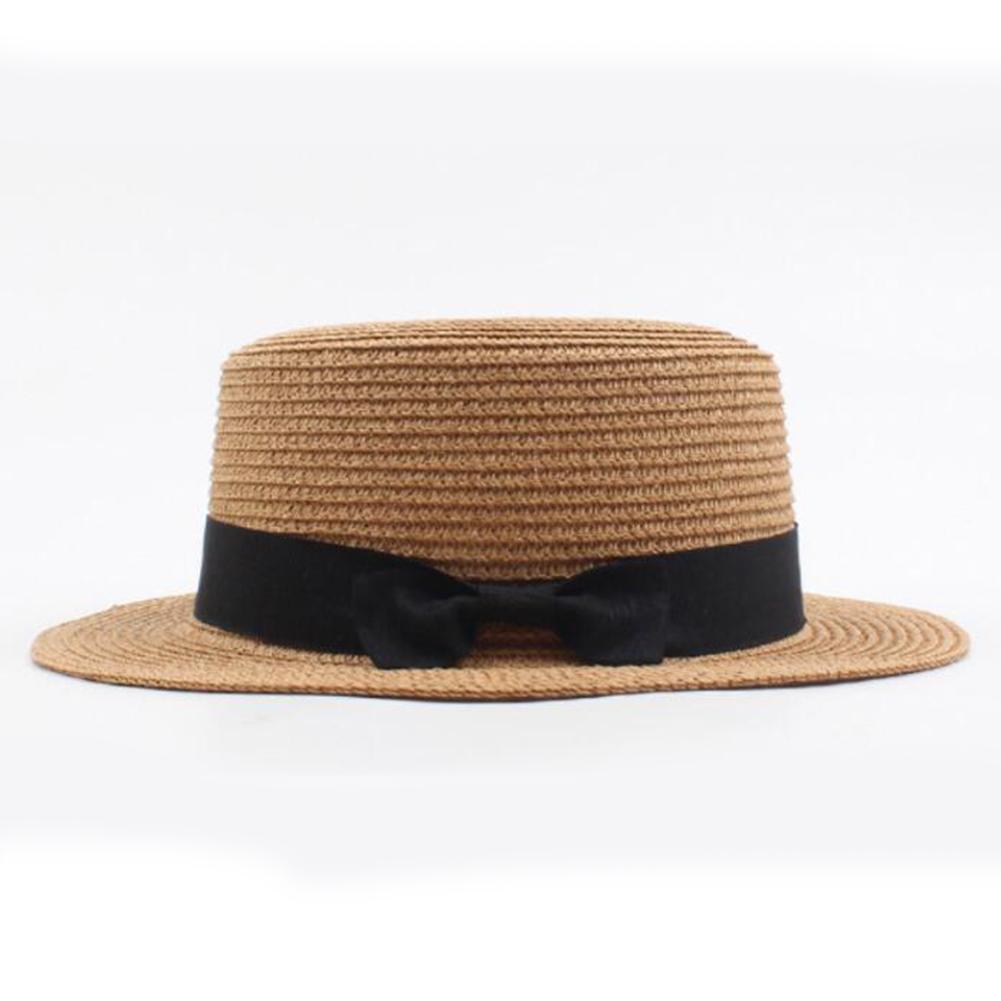 Women Fashion Straw Hat  Retro Bowknot Flat Top Hat Sunshade Beach Hat Summer