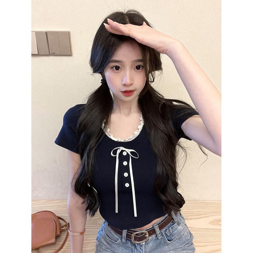Summer new bow lace fake two-piece short-sleeved t-shirt slim-fit short gentle style chic top trendy