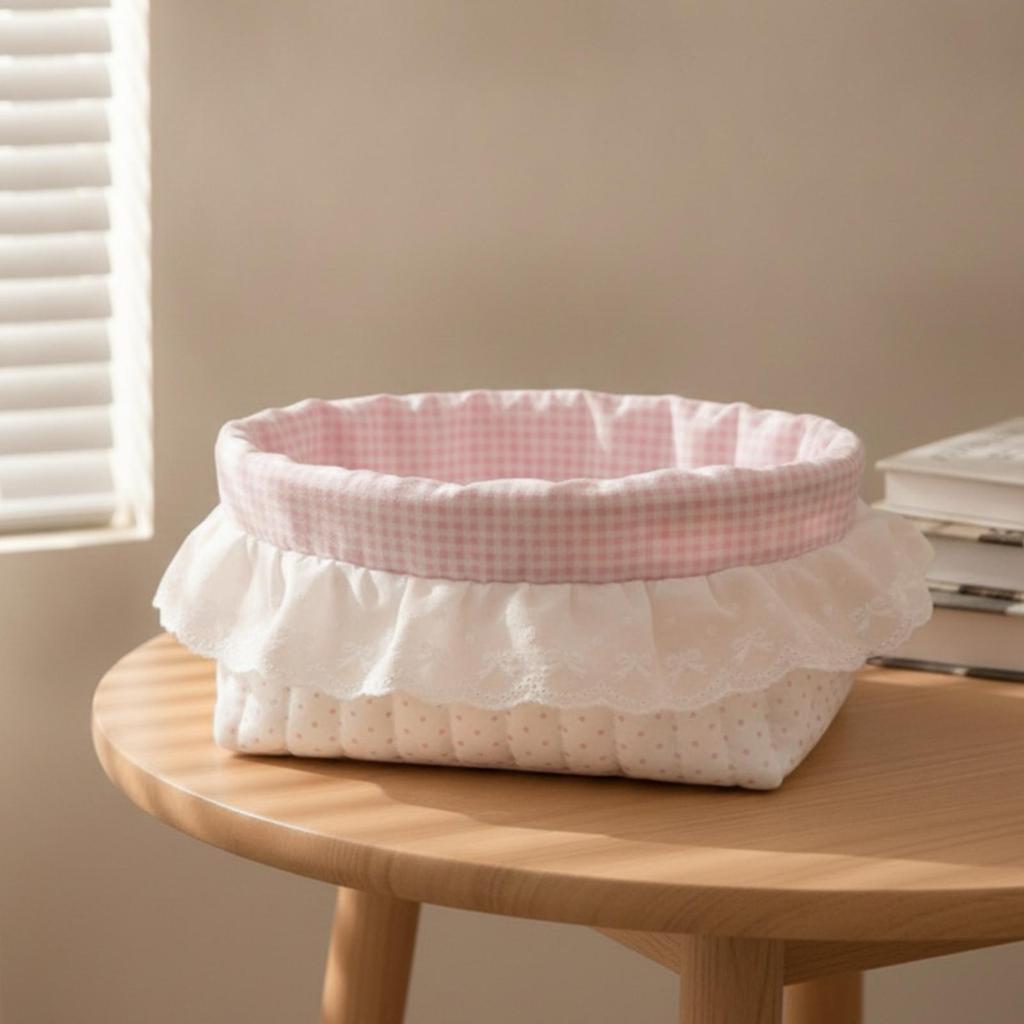 Quilted Textile Basket Gingham Lining Lace Trim Dotted Pattern for Desk
