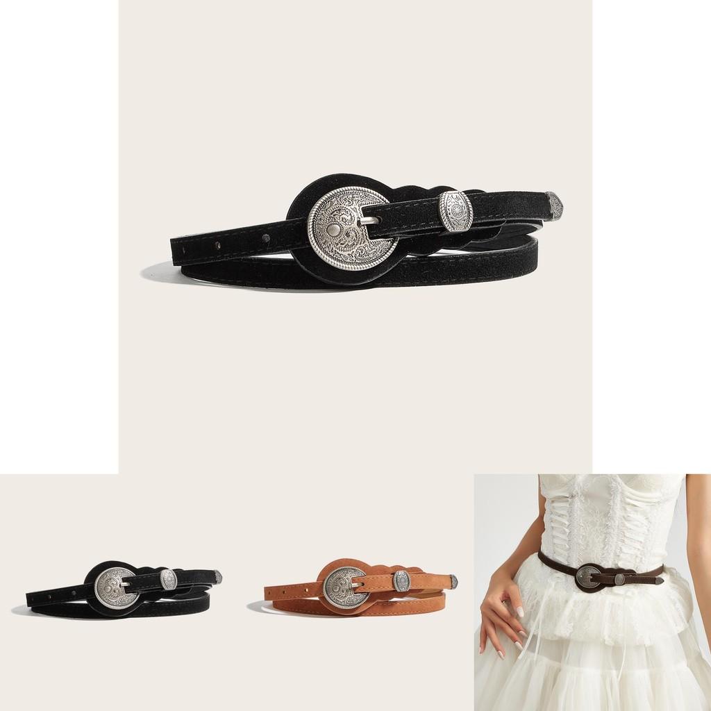 Ethnic Style Solid Color Oval Metal Buckle Decoration Suede Women Casual Belt For Retro Style
