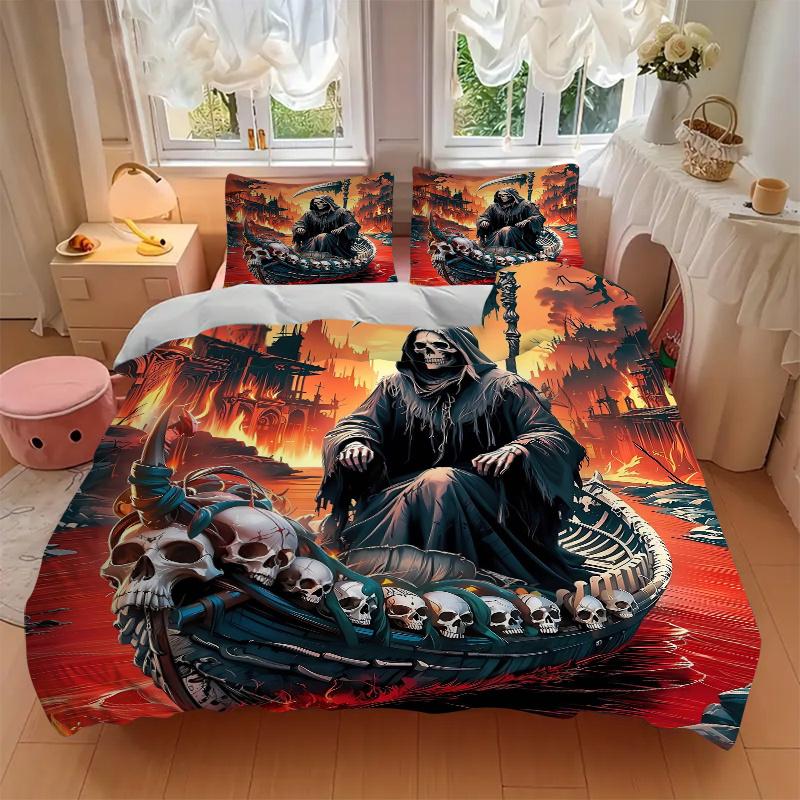 3pcs Death's Serene Journey Printed Quilt Set - Includes 1 Quilt Cover and 2 Pillowcases, Machine Washable - Suitable for All Seasons.J020