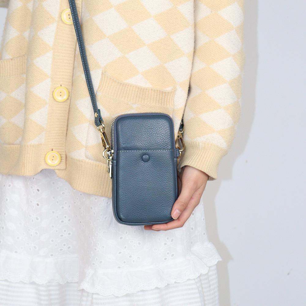 2025 Women's Genuine Leather Phone Bag: Korean Style, Double Zipper, Vertical Shoulder Square Bag