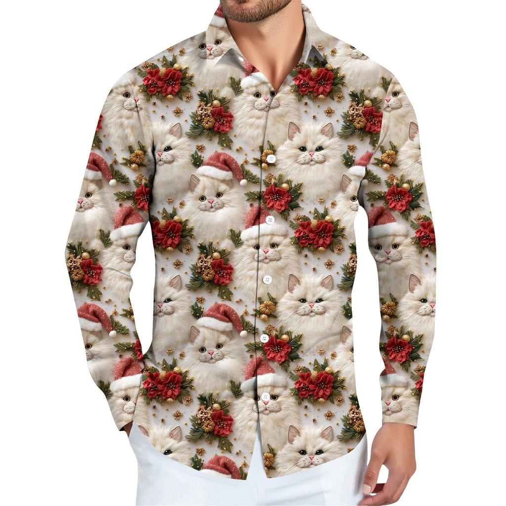 Men's Christmas Shirt Christmas Print Long Sleeve Button Shirt
