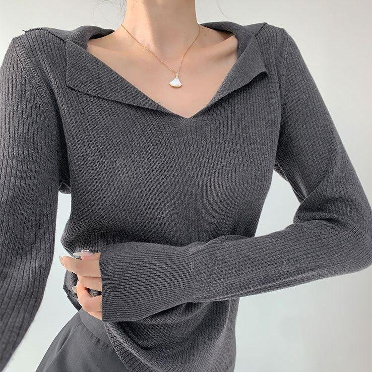 

Женский вязаный свитер с воротником поло, осенний, приталенный, однотонный, вязаный пуловер, эластичный вязаный топ 2XL темно-серого