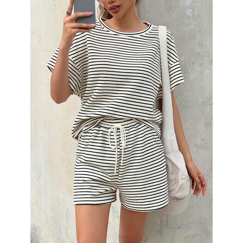 Women 2 Piece Casual Set, Striped Short Sleeve T-shirt and Drawstring Shorts, Fashion Daily Matching Outfit