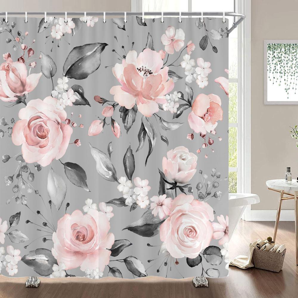Nordic Style Flower Leaf Plant Printed Fabric Shower Curtains Floral Bath Screen Waterproof Products Bathroom Decor With Hooks
