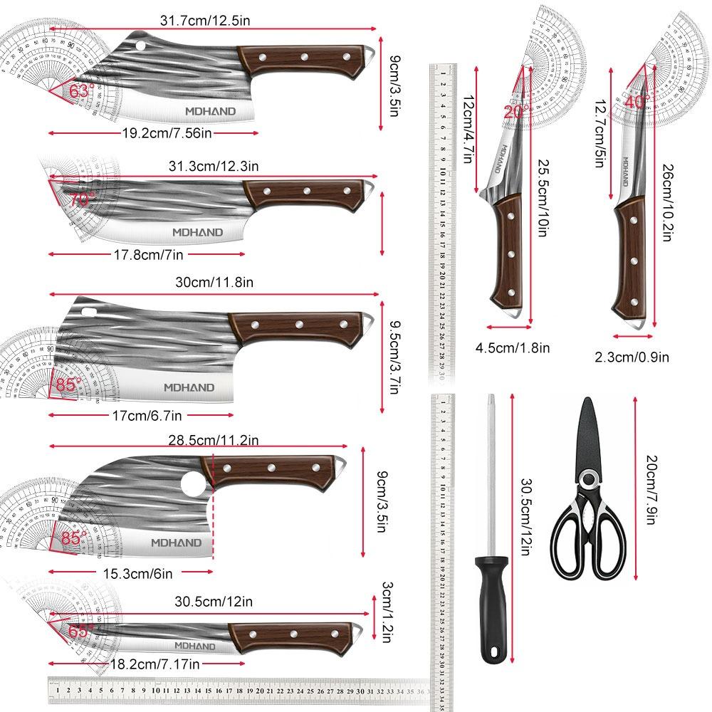 14pcs Chef Knife Hand Forged Cleaver Fruit Slicing Knife Butcher Boning Knife Wood Handle Striped Blade Kitchen Knives Set