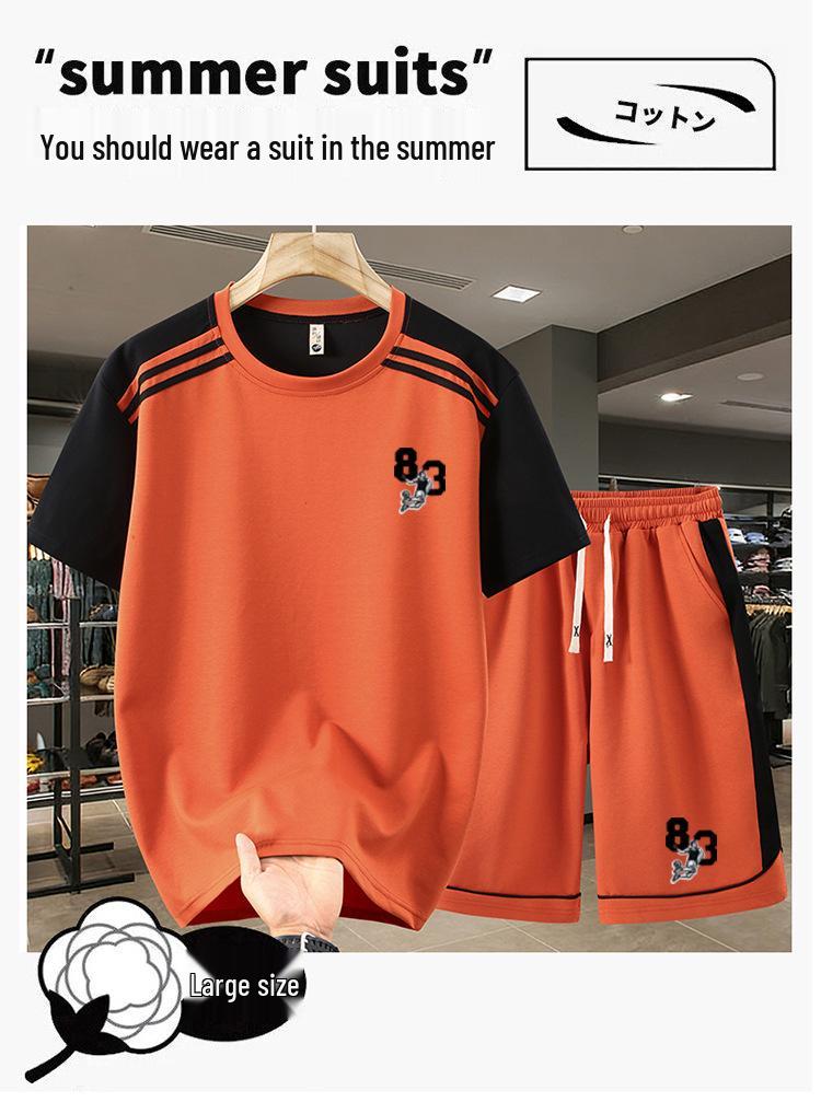 2026 Men's Plus Size Patchwork Short Sleeve Summer Casual Suit - Round Neck Sports Shorts Two-Piece Set