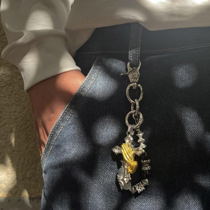 Multi-element trouser chain, bag hanging chain, sword round bead cross waist chain, lobster buckle pendant jeans chain