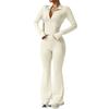 Women’s Long Sleeve Zip Up Ribbed Jumpsuit One Piece Flared Pants Fitted Stretchy Collar Bodysuit for Daily Wear