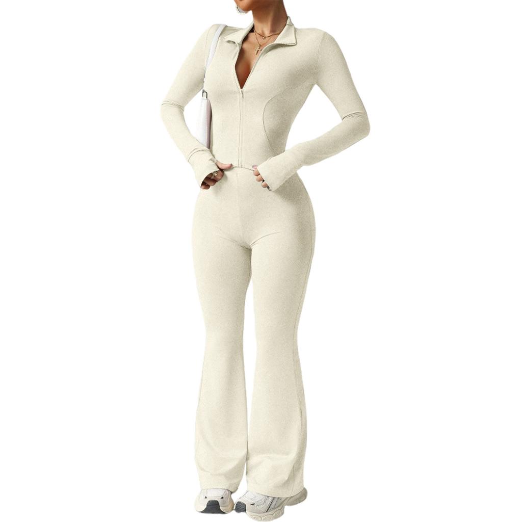 Women’s Long Sleeve Zip Up Ribbed Jumpsuit One Piece Flared Pants Fitted Stretchy Collar Bodysuit for Daily Wear
