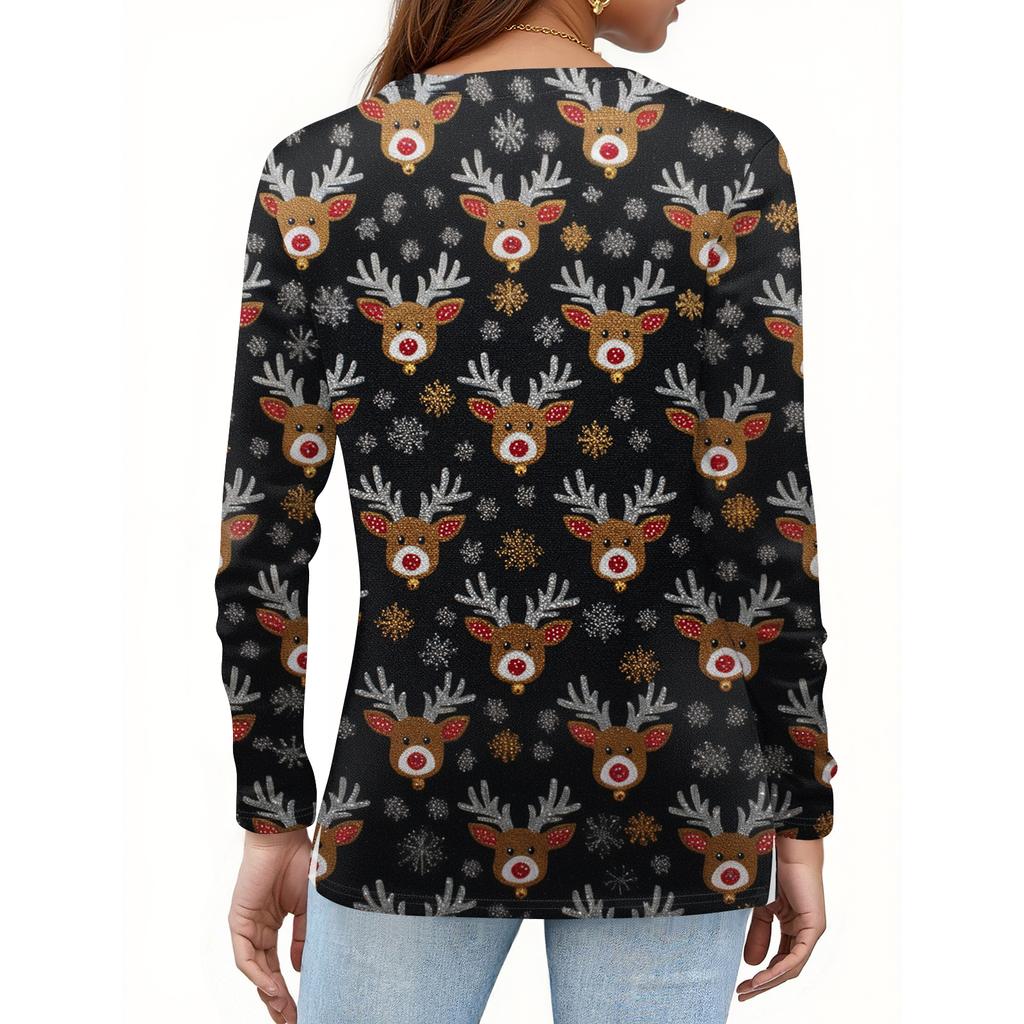 Damenmode Saumschlitz Lässig Weihnachten Bedruckt Rundhals Langarm Oberteil
