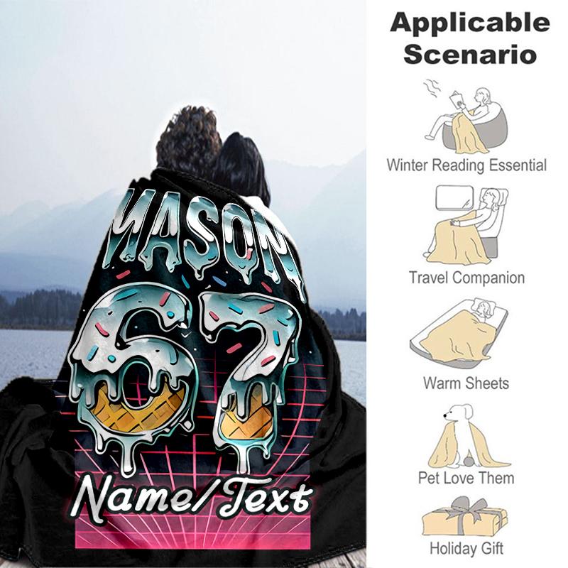 1PC Custom Name Ice Cream Neon" Flannel Blanket Versatile,all-season Throw Suitable for the Living Room,bedroom,camping,travel,and Gift