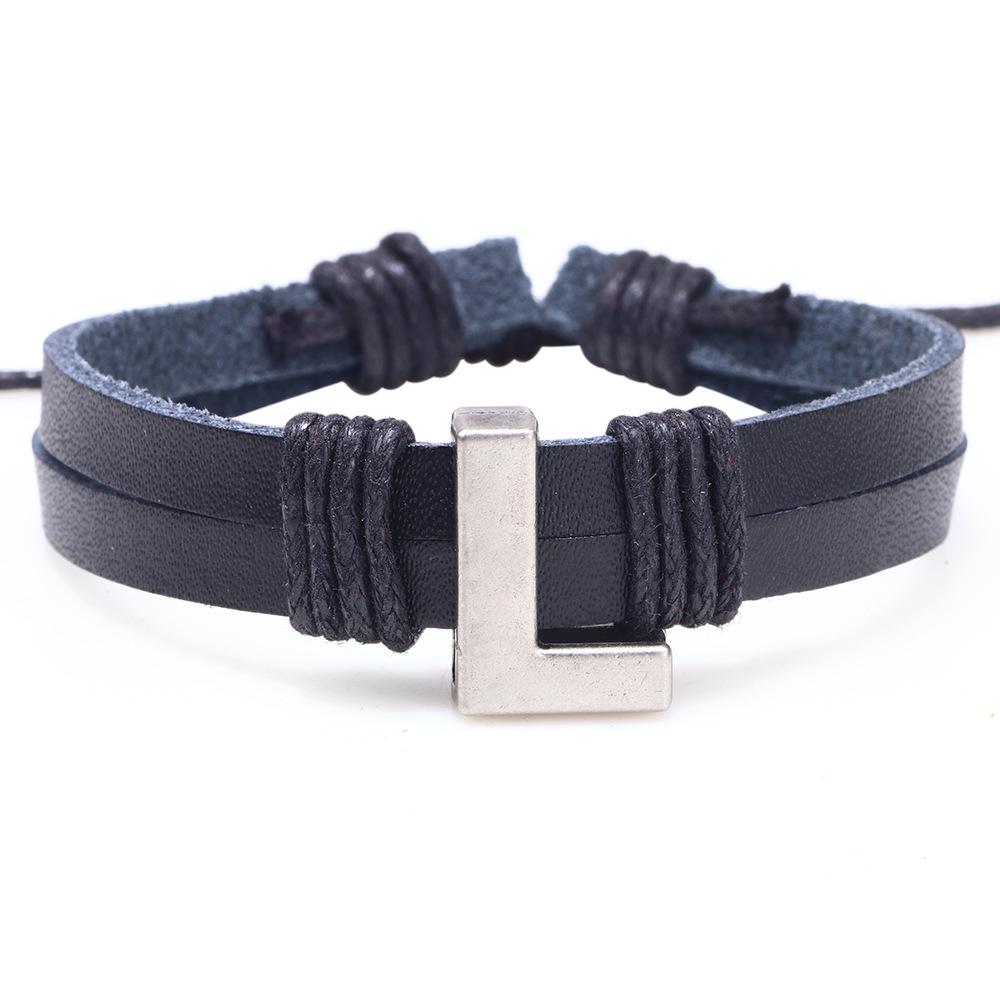 Handmade Woven Leather Bracelet with English Letter Charms