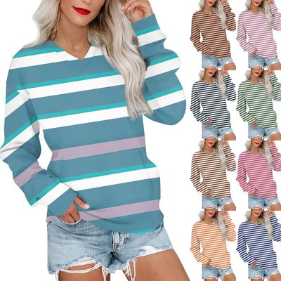 Damen Casual Fashion Gestreiftes V-Ausschnitt Langarm Sweatshirt Leichter Pullover Mit Taschen Sweatshirt