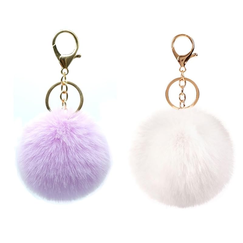 

COZENTA charm Fluffy pom pom key ring cute set of 2 (Pale purple white)