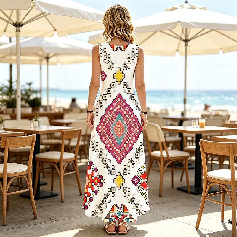 Minimalist Sleeveless Loose Maxi Dress Lightweight Colorful Geometric Ethnic Style,Versatile for Daily Casual,Spring Fall Layering & Vacation