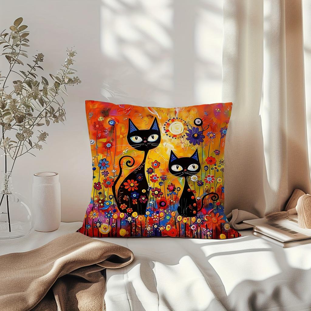 Black Magic Cat Pillow Cover xcm Folk Art Sun Floral Cushion Case Mysterious Pillowcase for Sofa Bedroom Home Decor