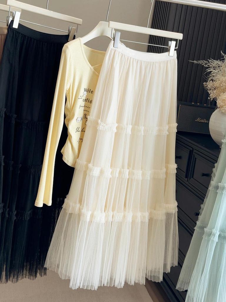 Spring 2026 Gentle Style Wood Ear Mesh Cake Skirt: Slim-Fitting, Mid-Length, Flowy Fairy Skirt for Women
