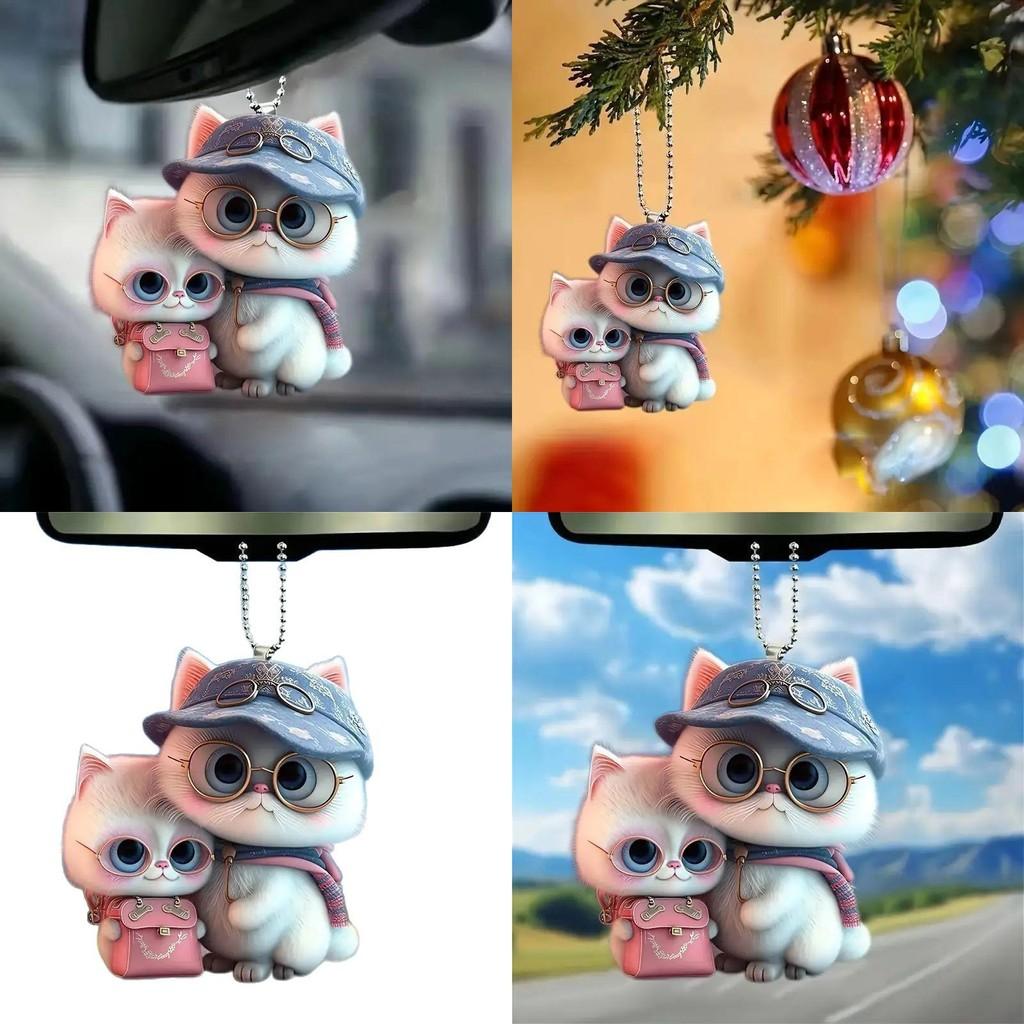 Acrylic Flat Surface Couple Cat Car Pendant With Hat Cute Decor For Auto Interior Enthusiasts