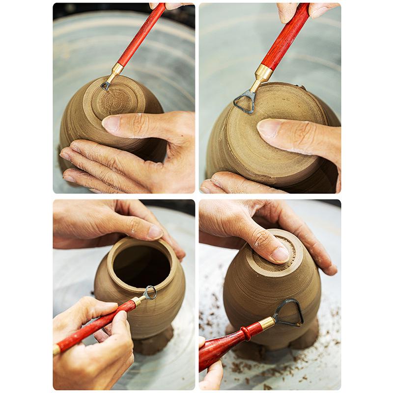 Water Meteor Pottery Tools: Red Pear Wood & Tungsten Steel Texture Ring Knife - Double-Headed Clay Sculpting and Trimming Tool.
