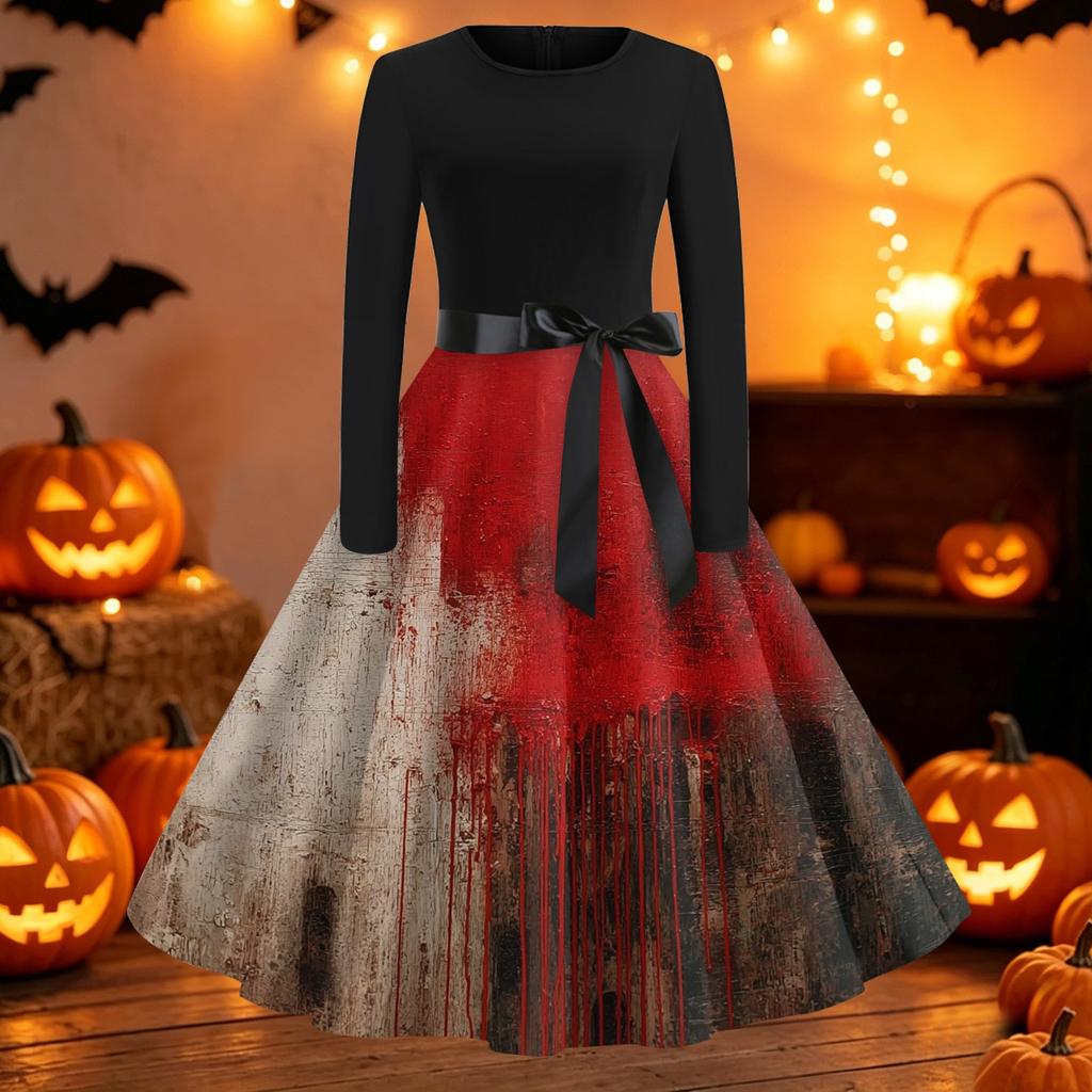 Women Crew Neck Long Sleeve Casual Fit and Flare Halloween Print Dress with Belt for Autumn Holiday Party Outfits