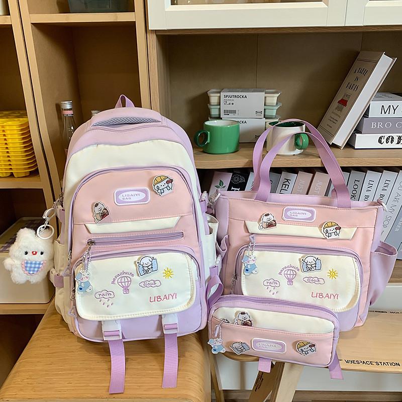 Color Blocked Embroidery Student Backpack Shoulder Bag Pencil Case Set For Casual Summer Wear