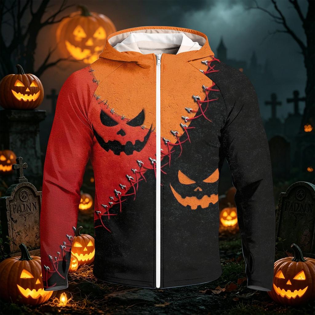 Men's Casual Raglan Hooded Long Sleeve Sun Jacket with Halloween Print