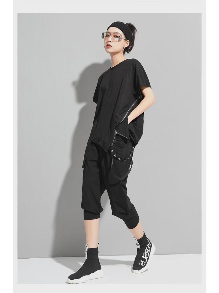 Summer Asymmetric Zipper Loose Round Neck Women's Fashion Pullover