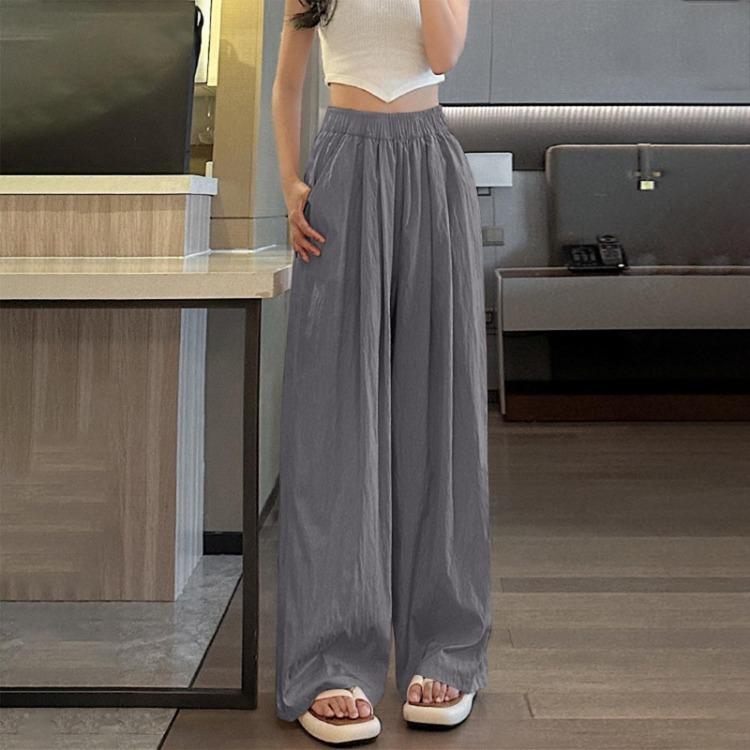 Ice Silk Womens Casual Wide Leg Pants Loose Solid Color Wrinkled