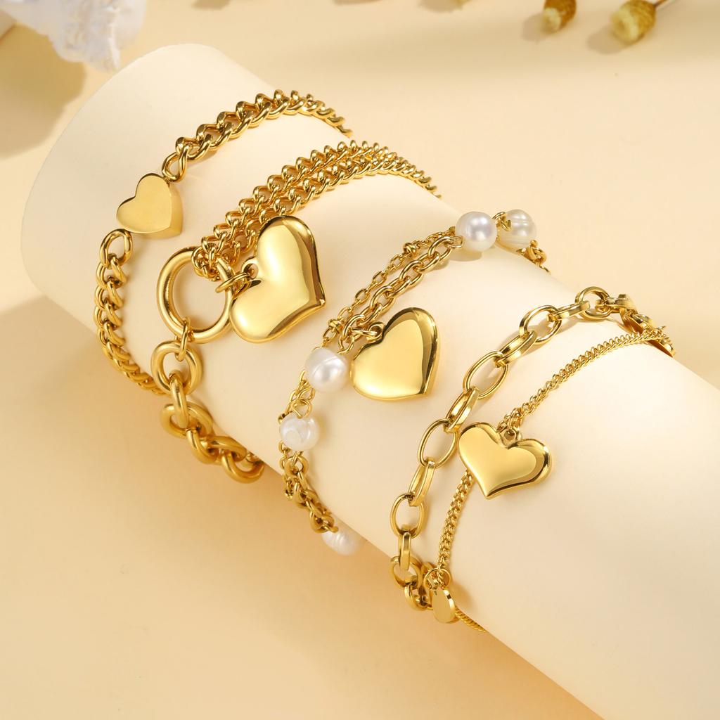 Double Layered Love Charms Heart Link Bracelet Woman, Stainless Steel Cuban Chain Adjustable, Waterproof Zircon Hypoallergenic