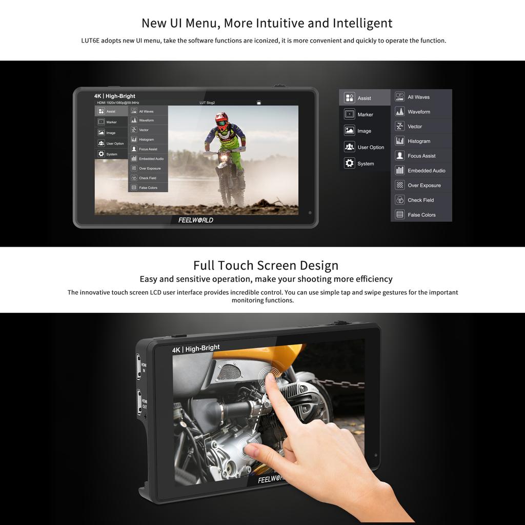 FEELWORLD LUT6E 6-Inch IPS Monitor 1600nit Video Panel 4K HDMI Input Output 1920*1080px Touch