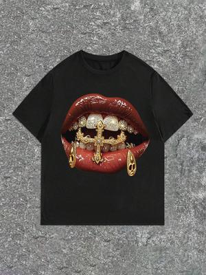 Men Women Y2K Golden Lips & Teeth Graphic Print Cotton T-Shirt Casual Loose Fit Short Sleeve Top Summer Vintage Round Neck Tee