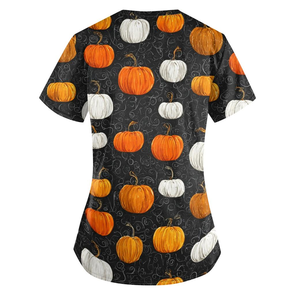 Women Halloween Print Loose Fit V Neck Short Sleeve Scrub Top with Pockets for Healthcare Professionals Comfortable Workwear