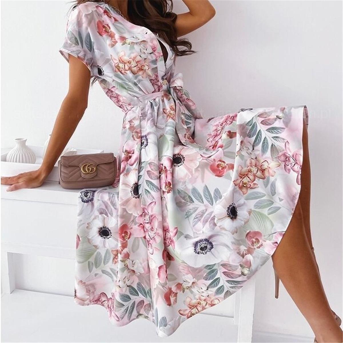 

Tooxika Летние Новые Платья-Рубашки с Принтом, Короткий Рукав, На Завязках, Длинные Платья для Женщин XL розовый