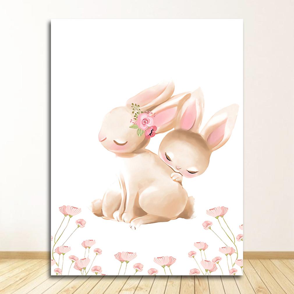 Pink Flowers Girl Baby Room Decor Cartoon Picture Bunny Poster Paintings Animals Nursery Wall Art Print Rabbit Canvas Painting