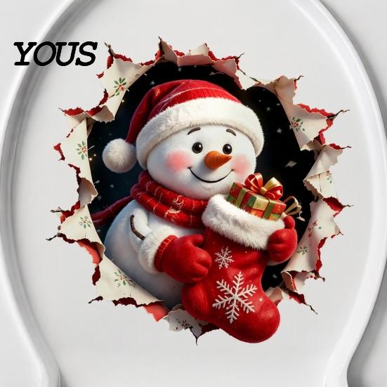 Removable Winter Themed Wall Art Christmas Toilet Decals, 3D Snowman Cover Sticker, Waterproof Funny Bathroom Seat Decor Sticker for Holiday Home Lid