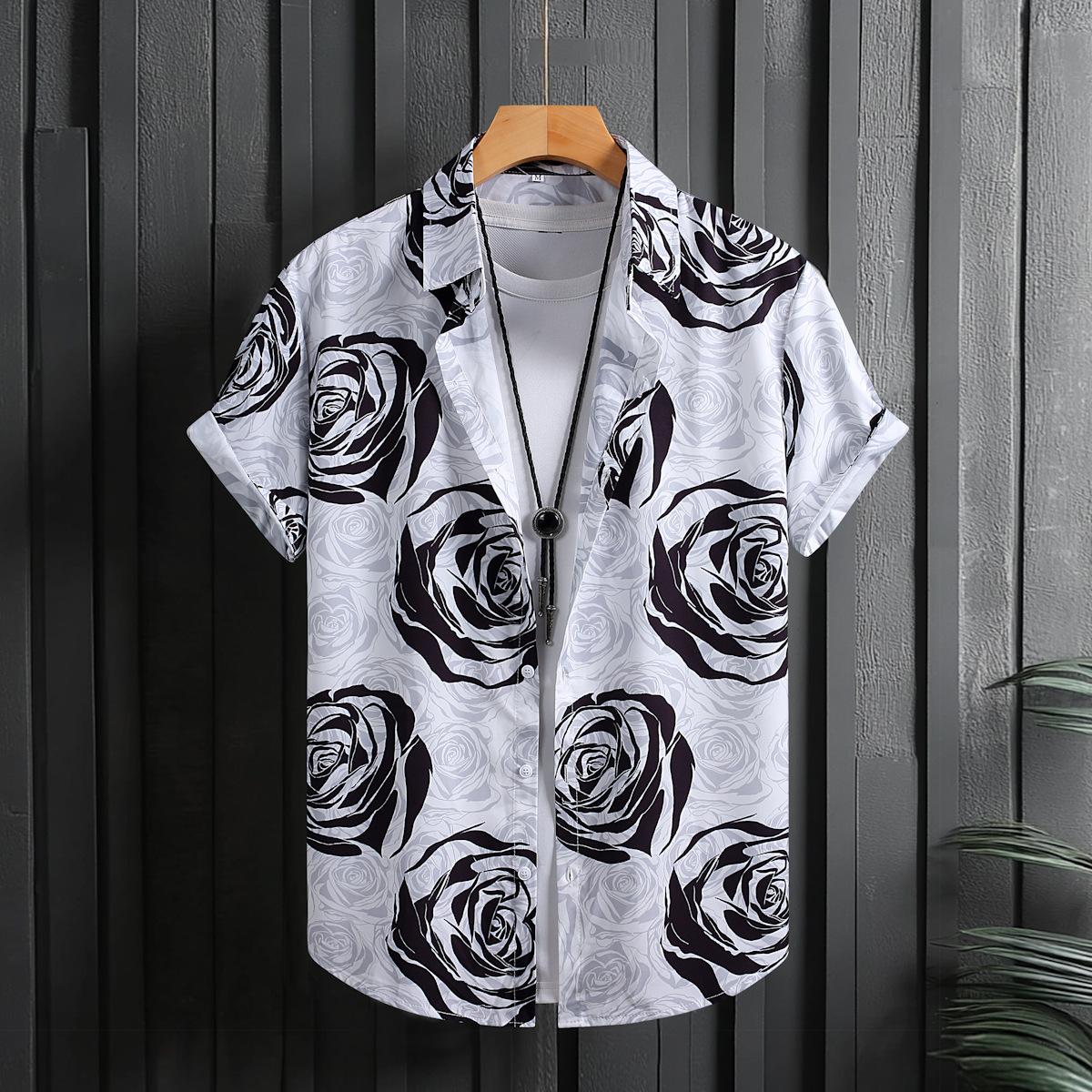 

Мужская рубашка с коротким рукавом и принтом роз. Рубашка для мужчин. Модная и повседневная. Лето 2025. Новый стиль. XXL серый