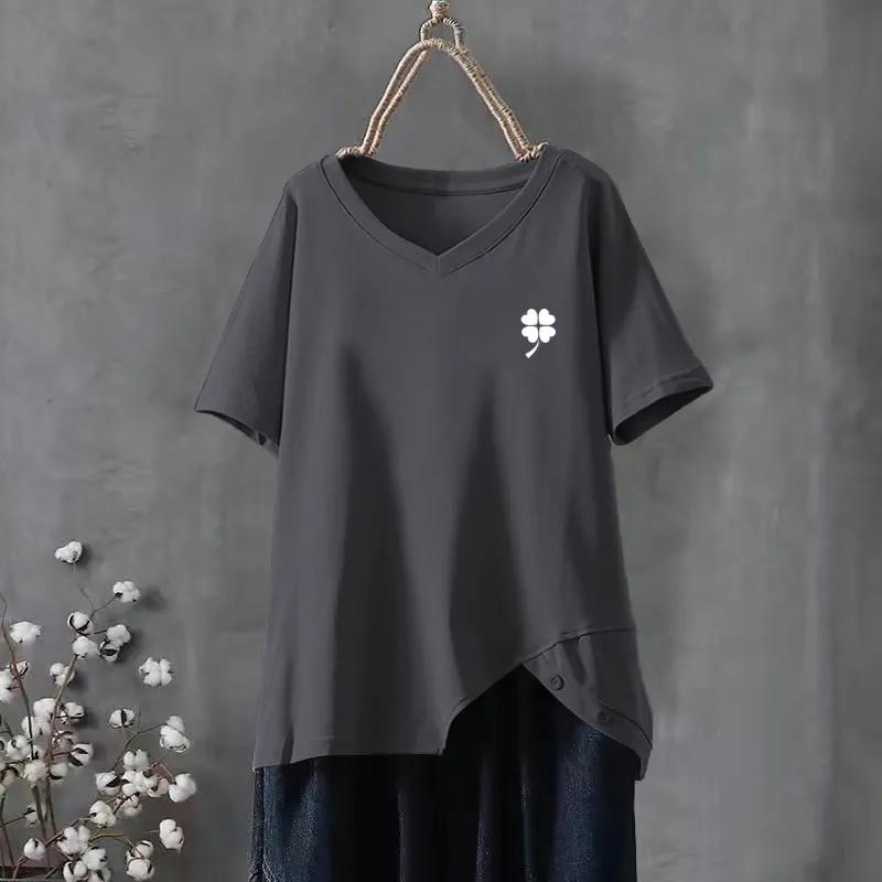 Women Summer V Neck Four Leaf Clover Print T Shirt Asymmetrical Casual Top L серый