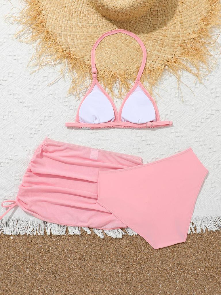 2025 Cute Girls' Three-Piece Bikini Swimsuit with Chest Pads for Middle and Older Children