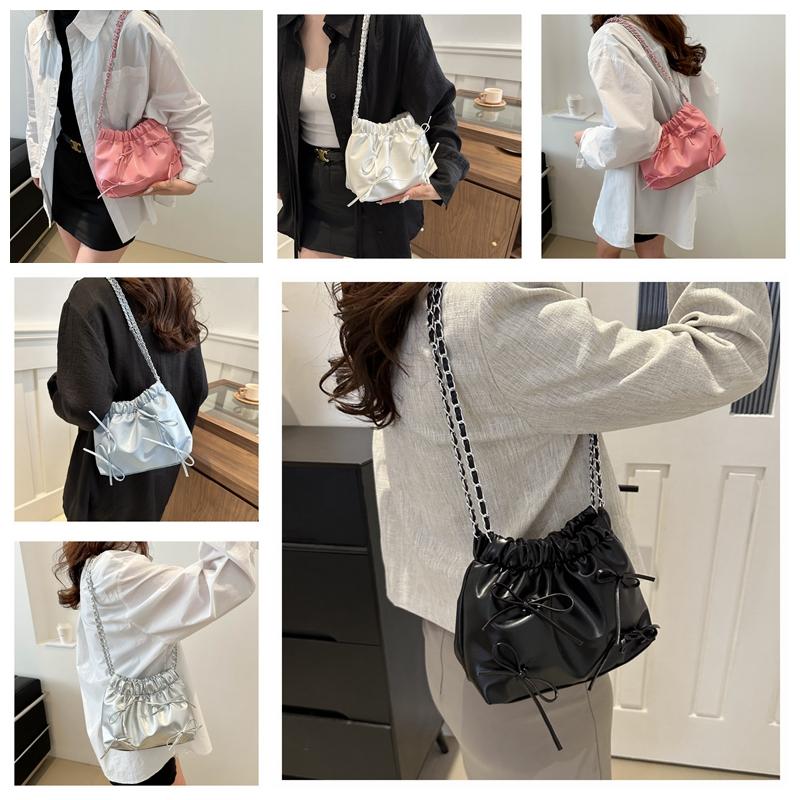 Large Capacity Simple Leisure Commuter Bucket Bag Chain Bowknot Shoulder Bag for Women Girl Gift