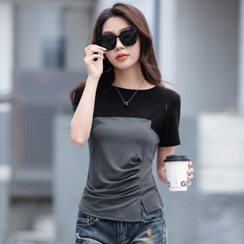 Women's Summer Slimming Waist Design Sense Stitching Fake Two Short Sleeve Top